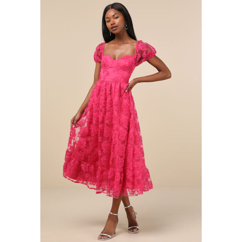 Lulus Notable Elegance Fuchsia Mesh Floral Applique Bustier Midi Dress Pink